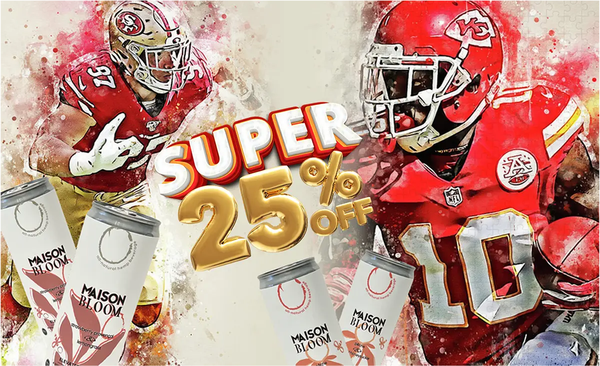 An advertisement for a 25% Superbowl sale on Maison Bloom. Ad shows 2 football players and the text "Super 25% off".